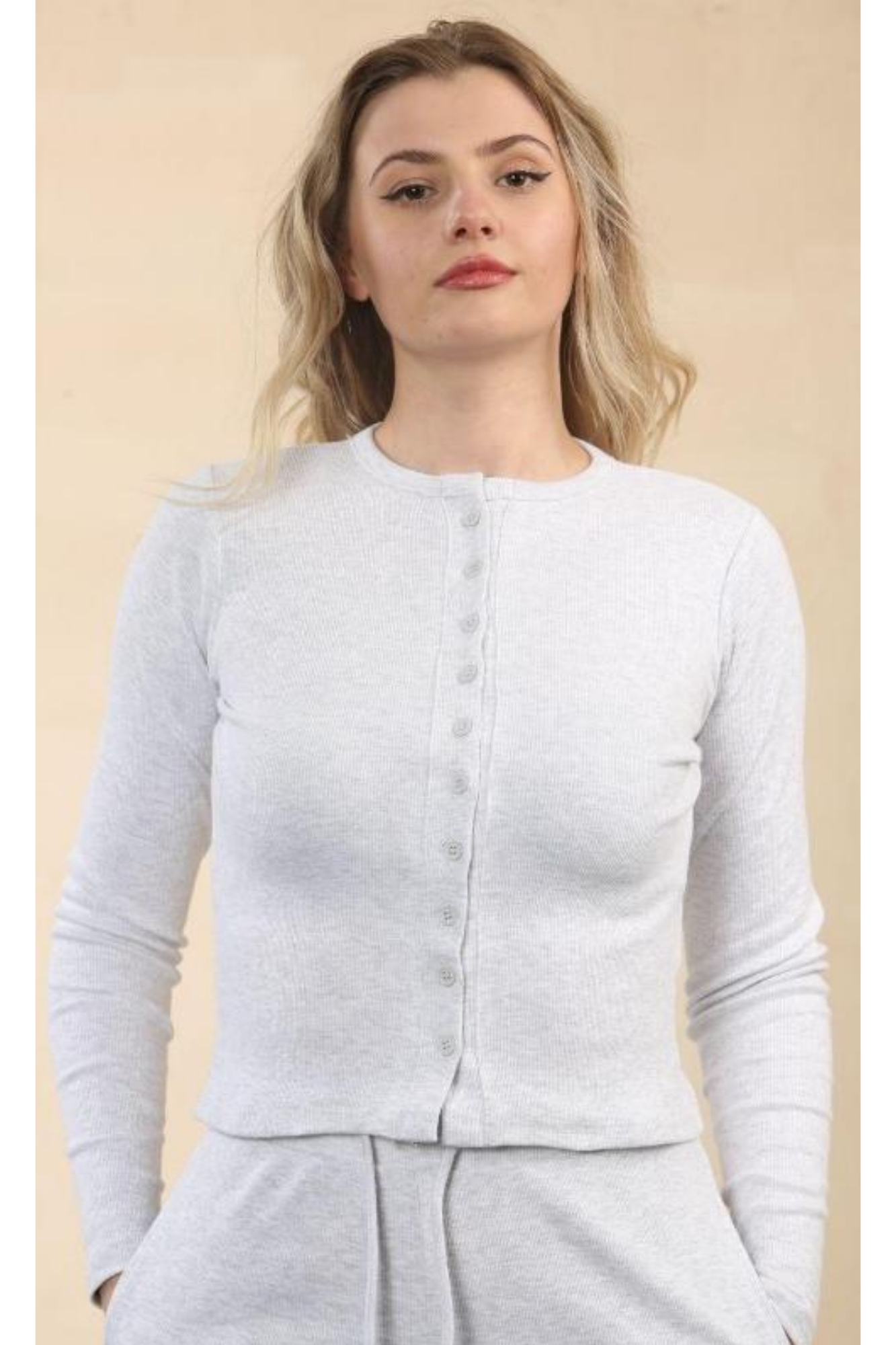 Fine Rib Button Detail Top with Wide Leg Trouser Set