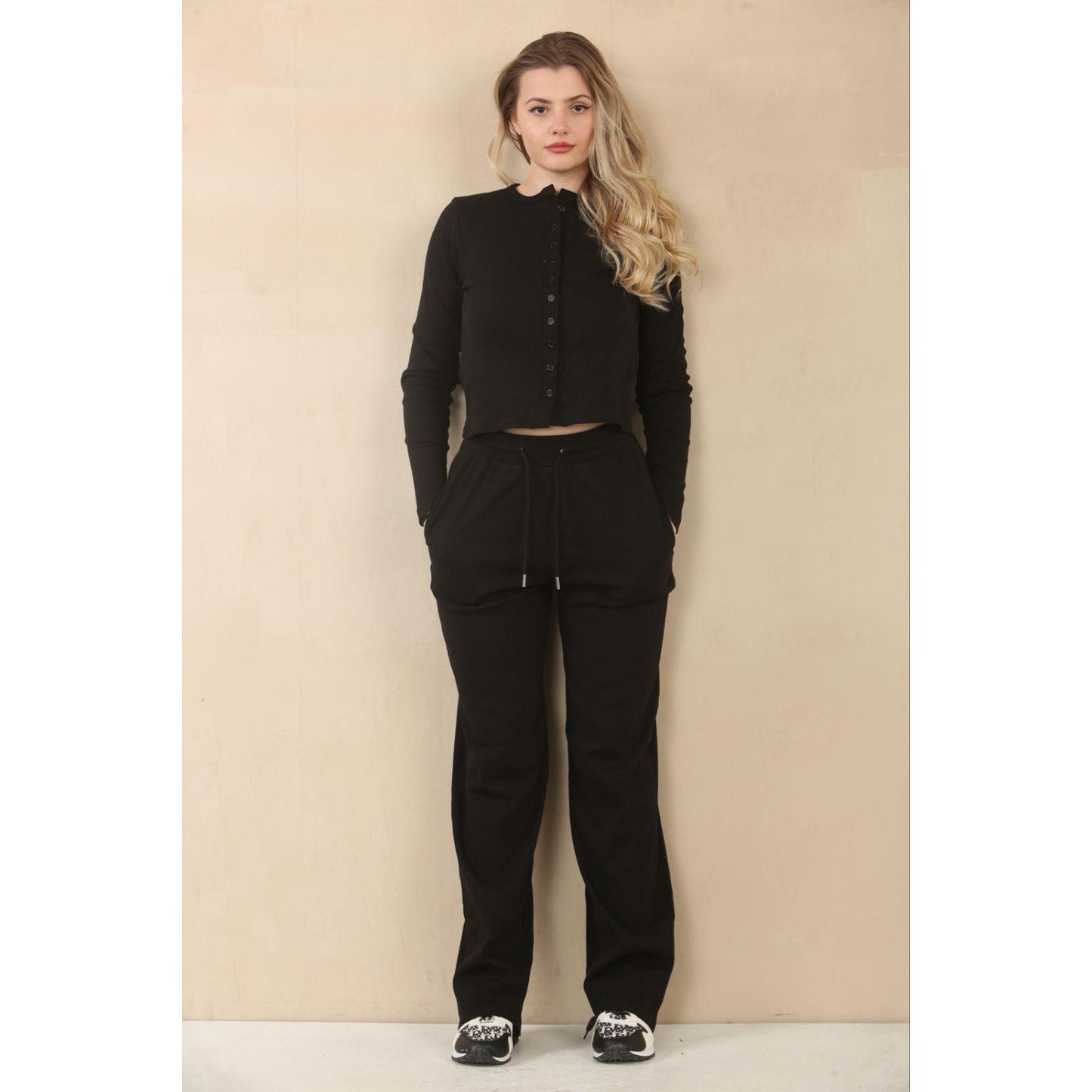 Fine Ribbed Button Up Long Sleeve Top & Wide Leg Trousers - Black