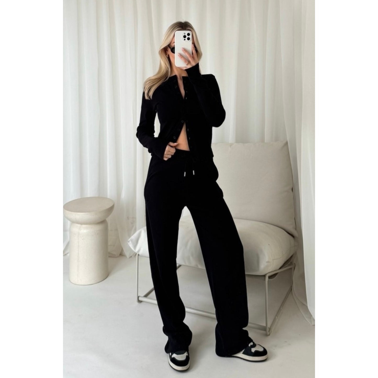 Fine Ribbed Button Up Long Sleeve Top & Wide Leg Trousers - Black