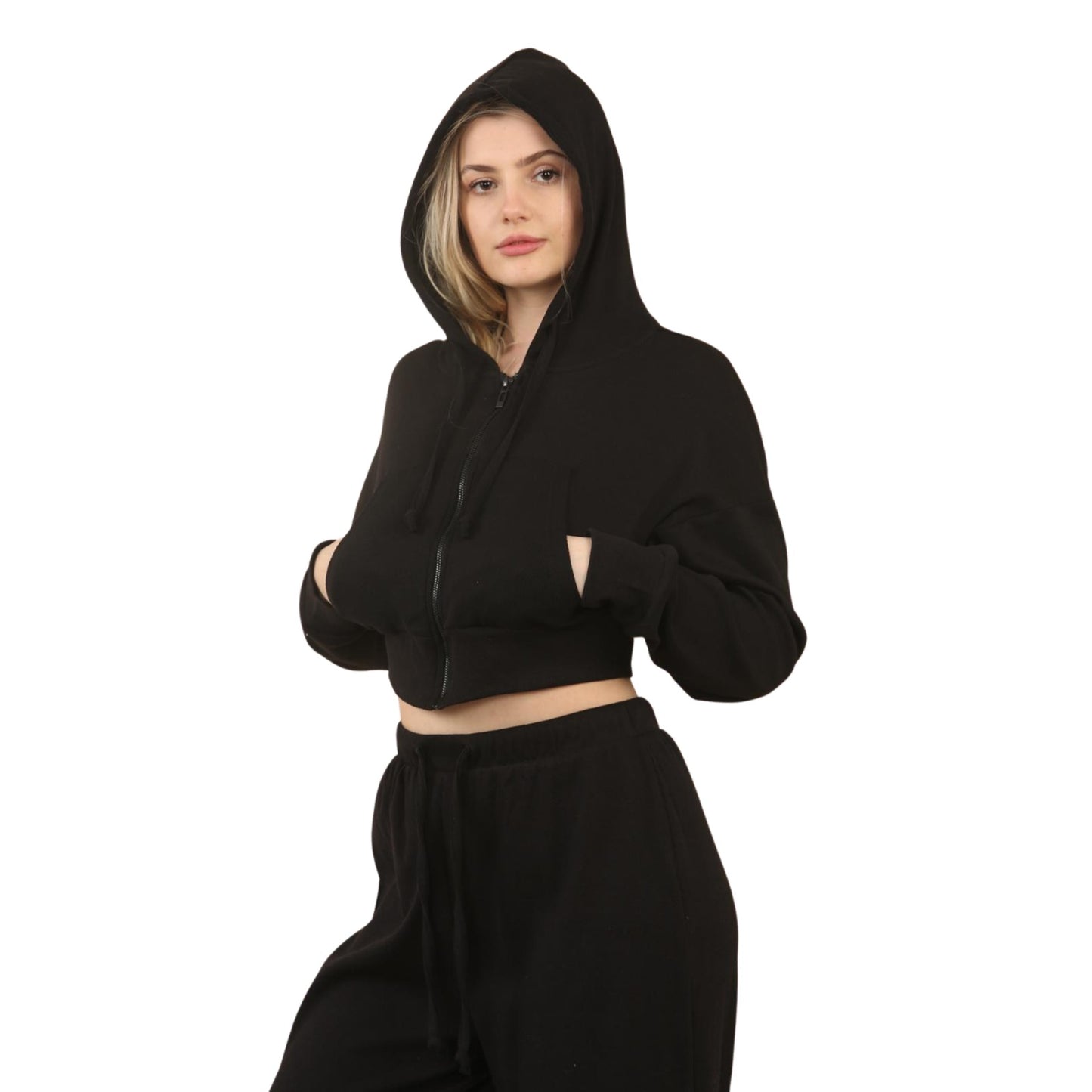 Soft Ribbed Zip Hoodie & Wide-Leg Trouser Co-ord - Black