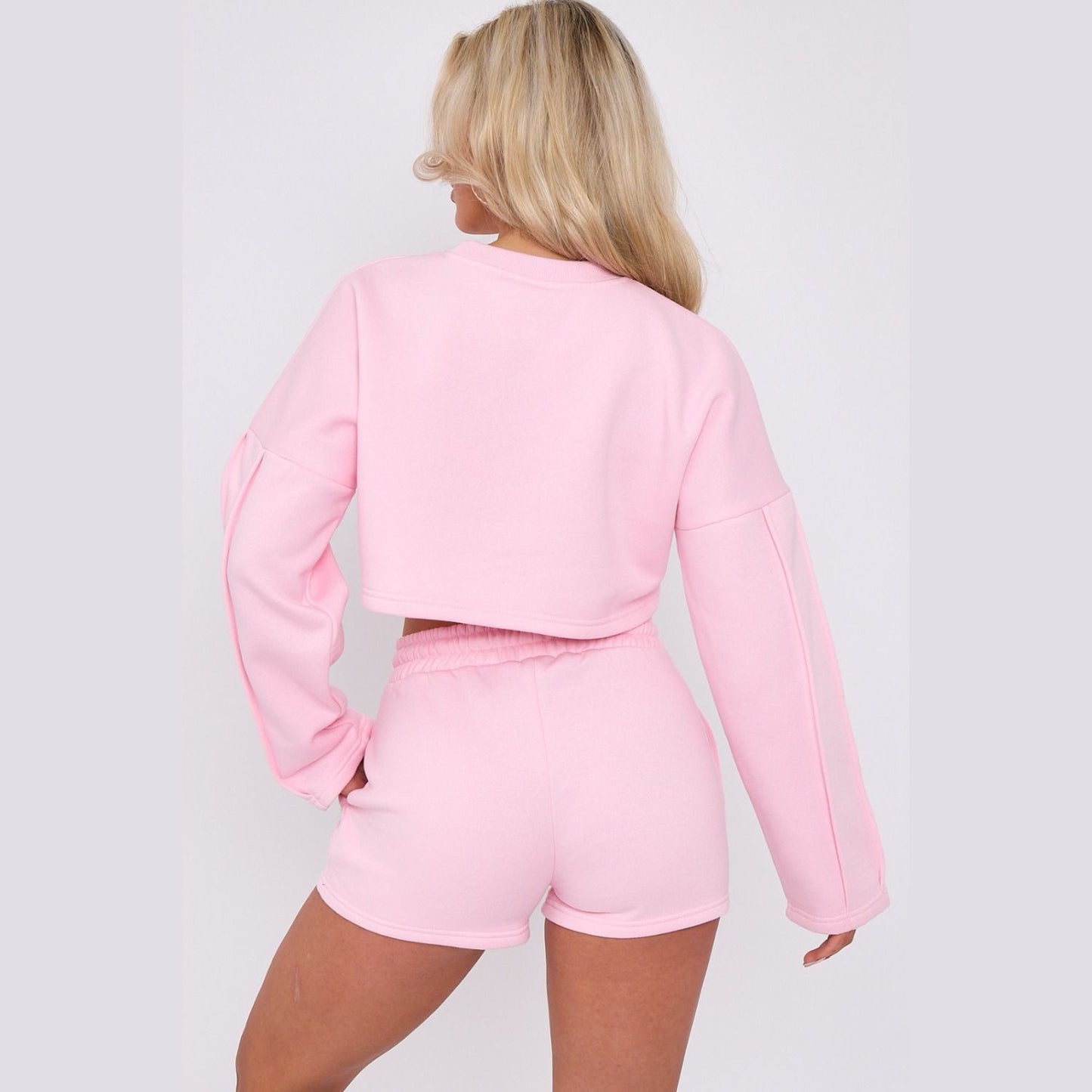 Crop Tracksuit Shorts & Seam Detail Crop Sweatshirt | Premium Loungewear - Baby Pink