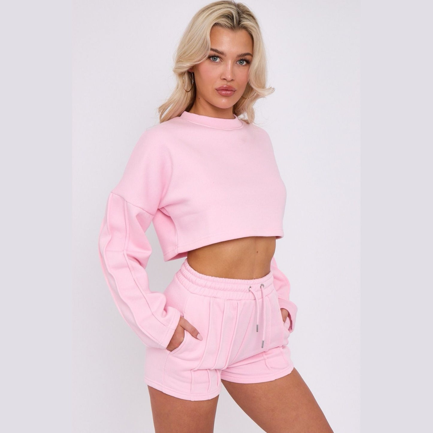 Crop Tracksuit Shorts & Seam Detail Crop Sweatshirt | Premium Loungewear - Baby Pink