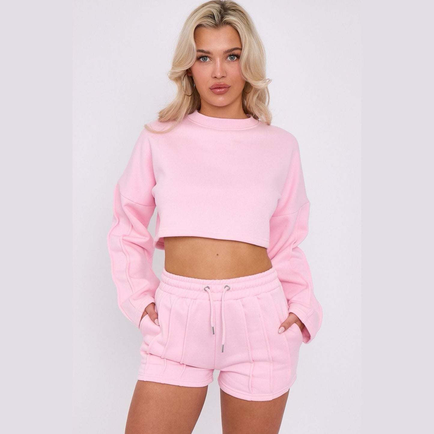 Crop Tracksuit Shorts & Seam Detail Crop Sweatshirt | Premium Loungewear - Baby Pink