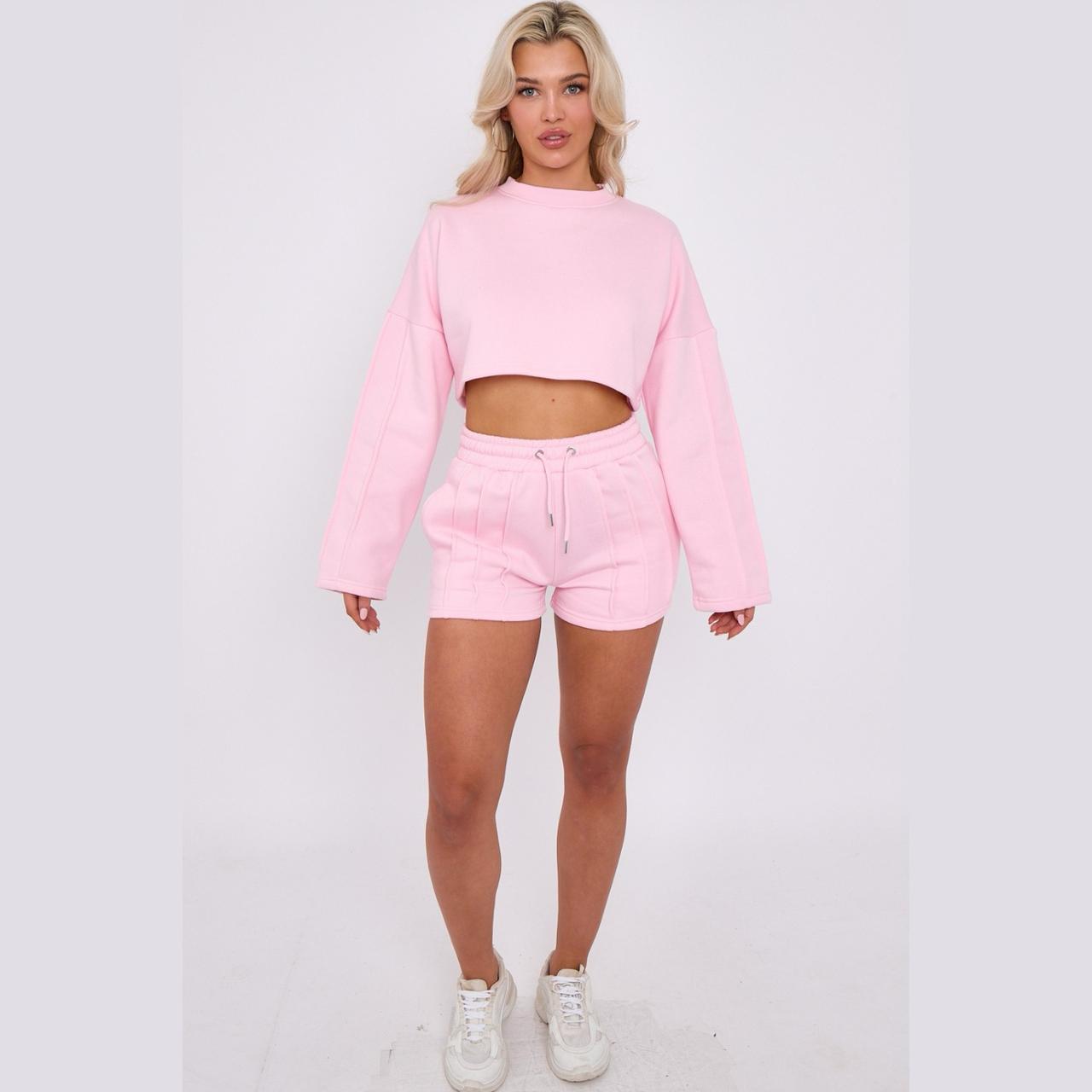 Crop Tracksuit Shorts & Seam Detail Crop Sweatshirt | Premium Loungewear - Baby Pink