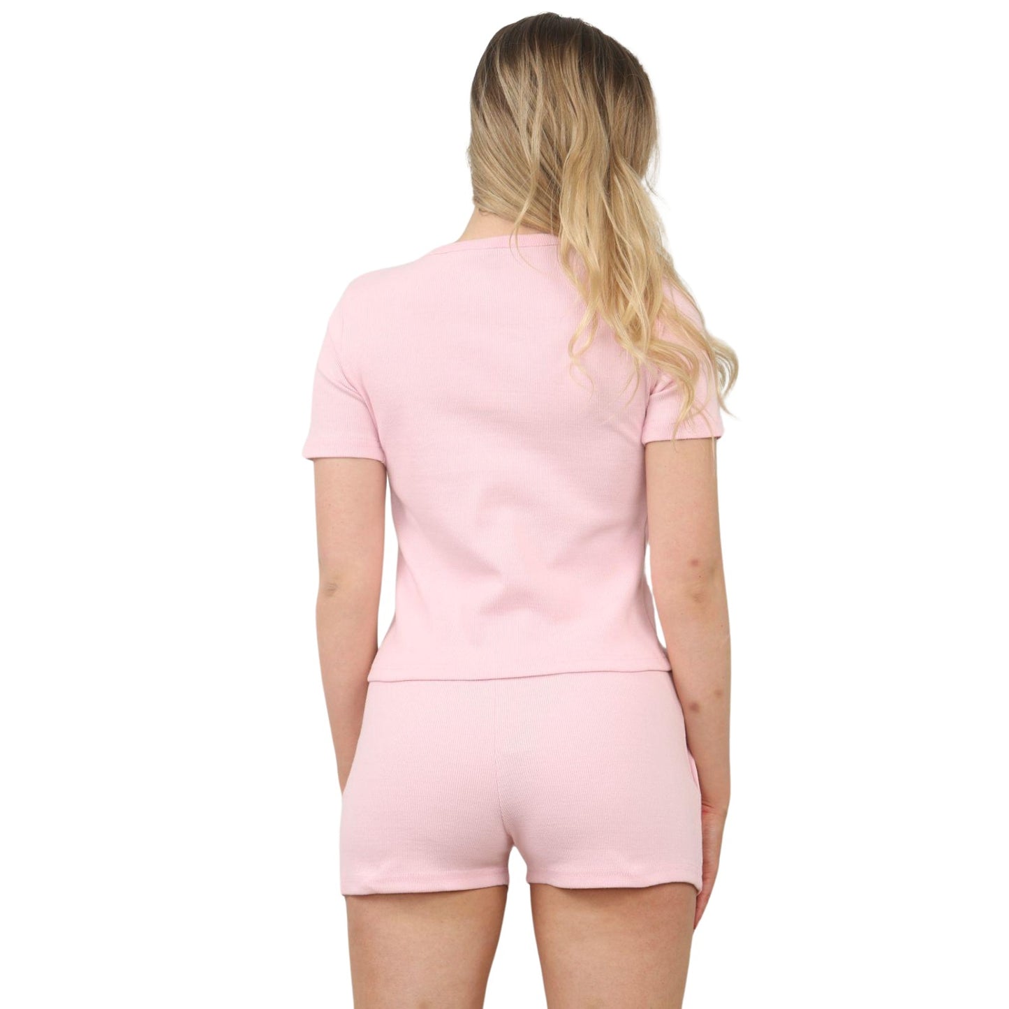 Ribbed Button Front Crop Top & Shorts Co-Ord Set - Baby pink