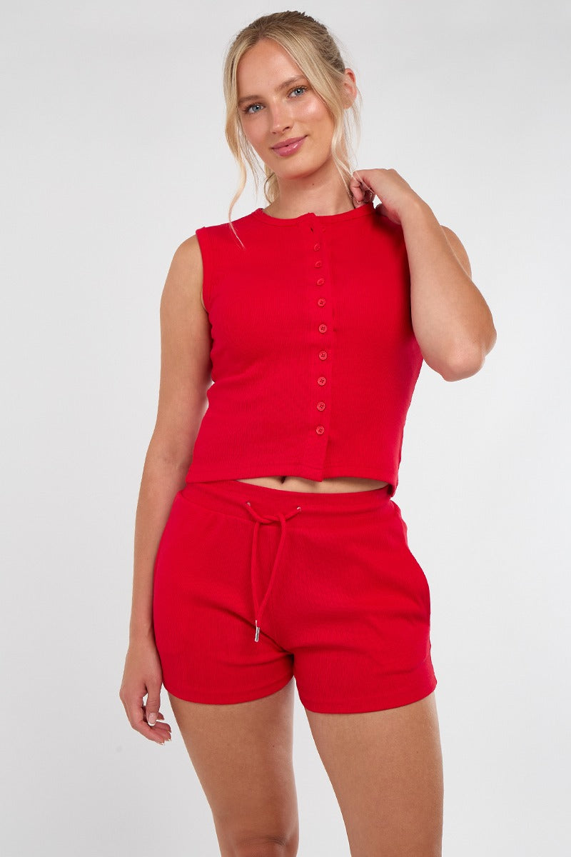 Sleeveless Soft Rib Button Details Shorts Set