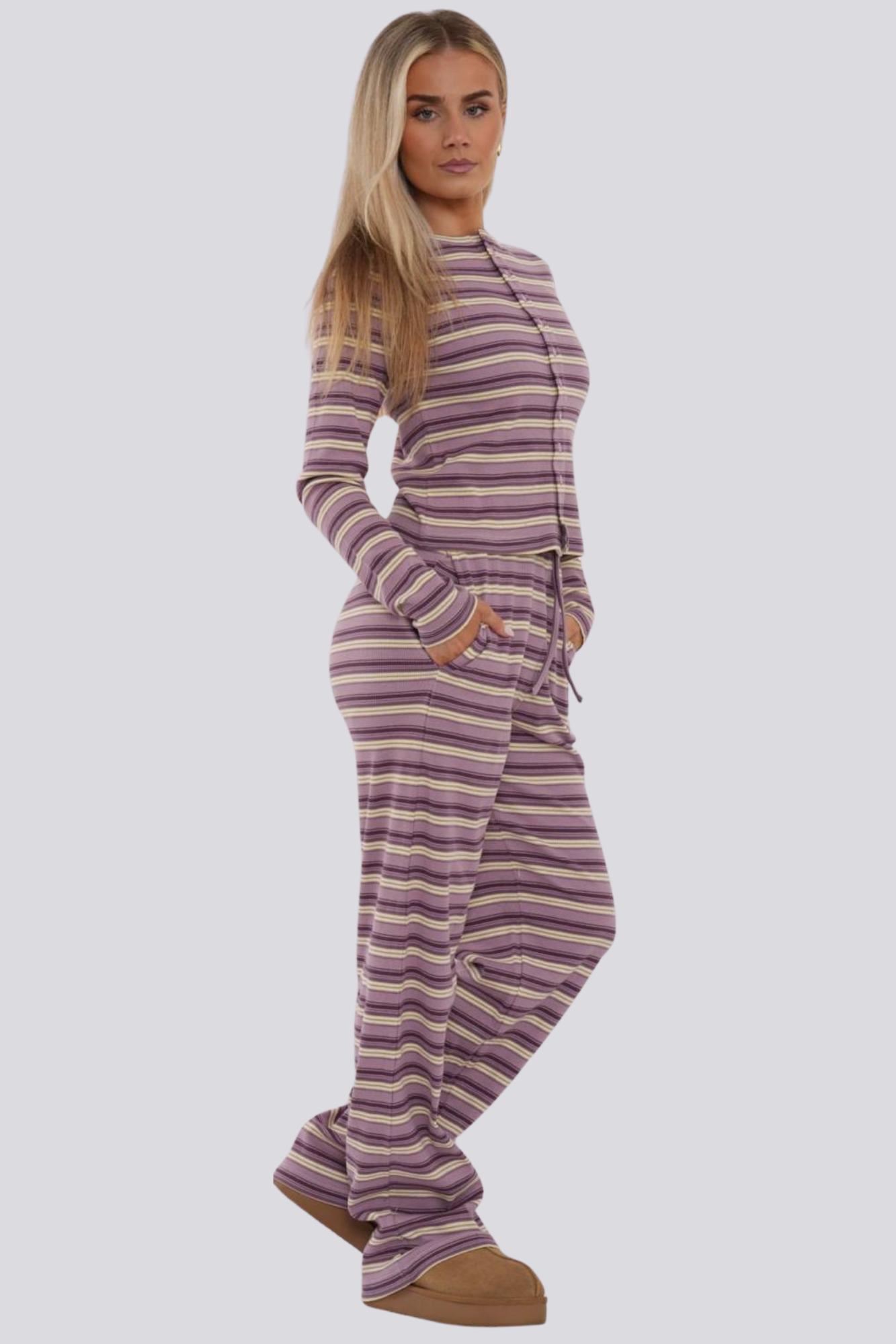 Fine Rib Stripe Button Detail Top with Wide Leg Trouser Set