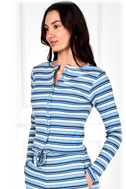 Fine Rib Stripe Button Detail Top with Wide Leg Trouser Set