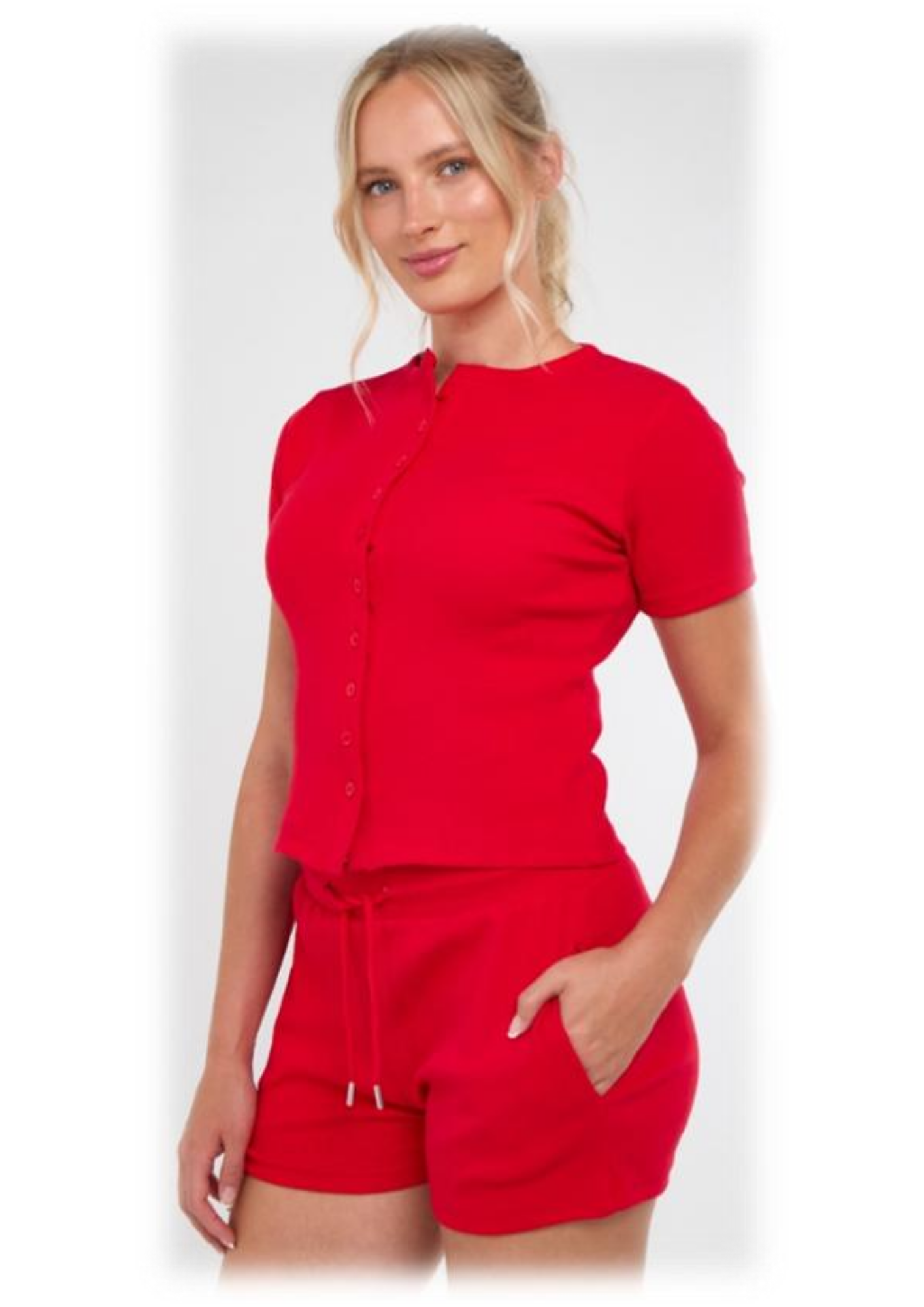Soft Rib Button Details Shorts Set