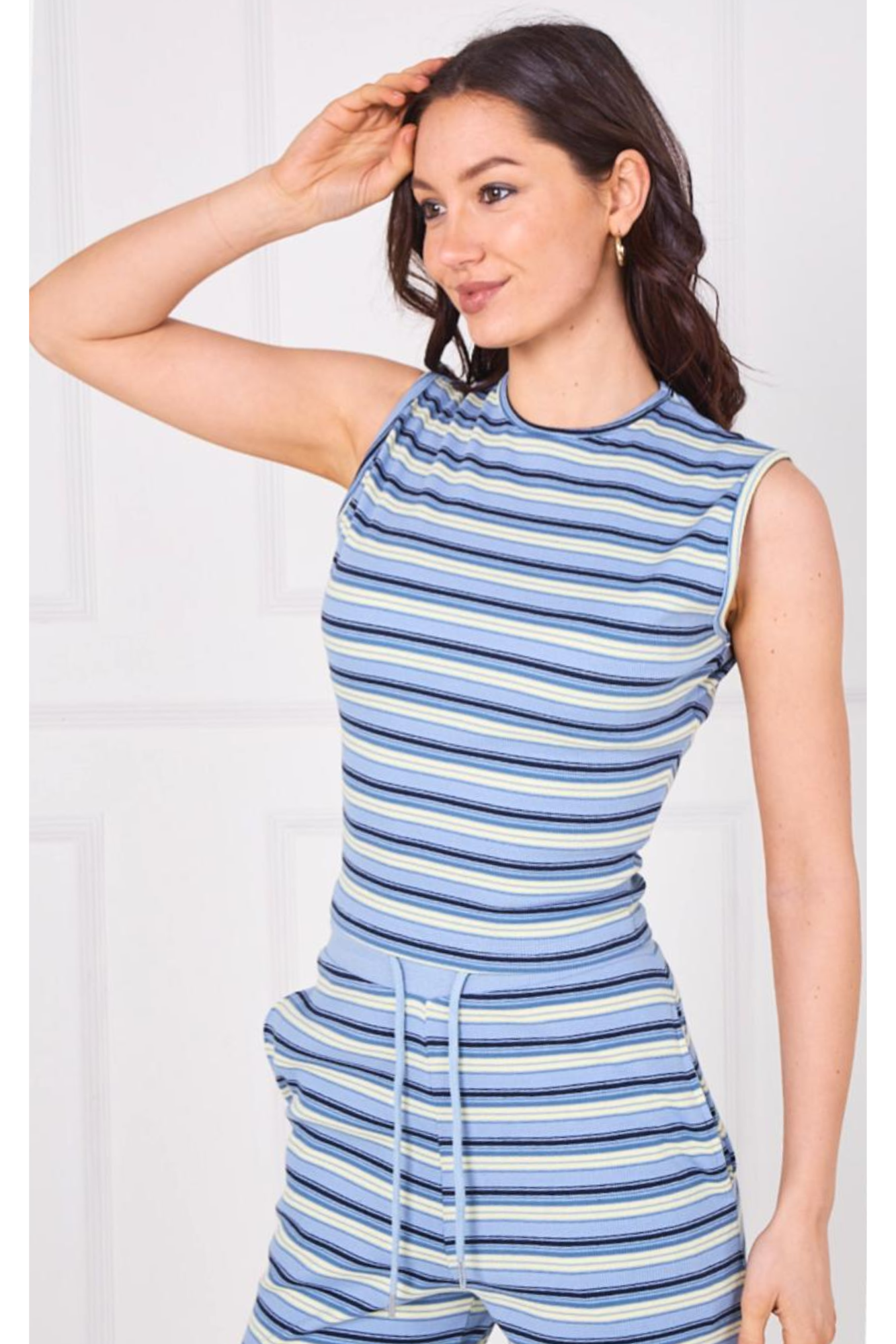 Rib Multi Stripe Sleeveless Cinch Top Trouser Set