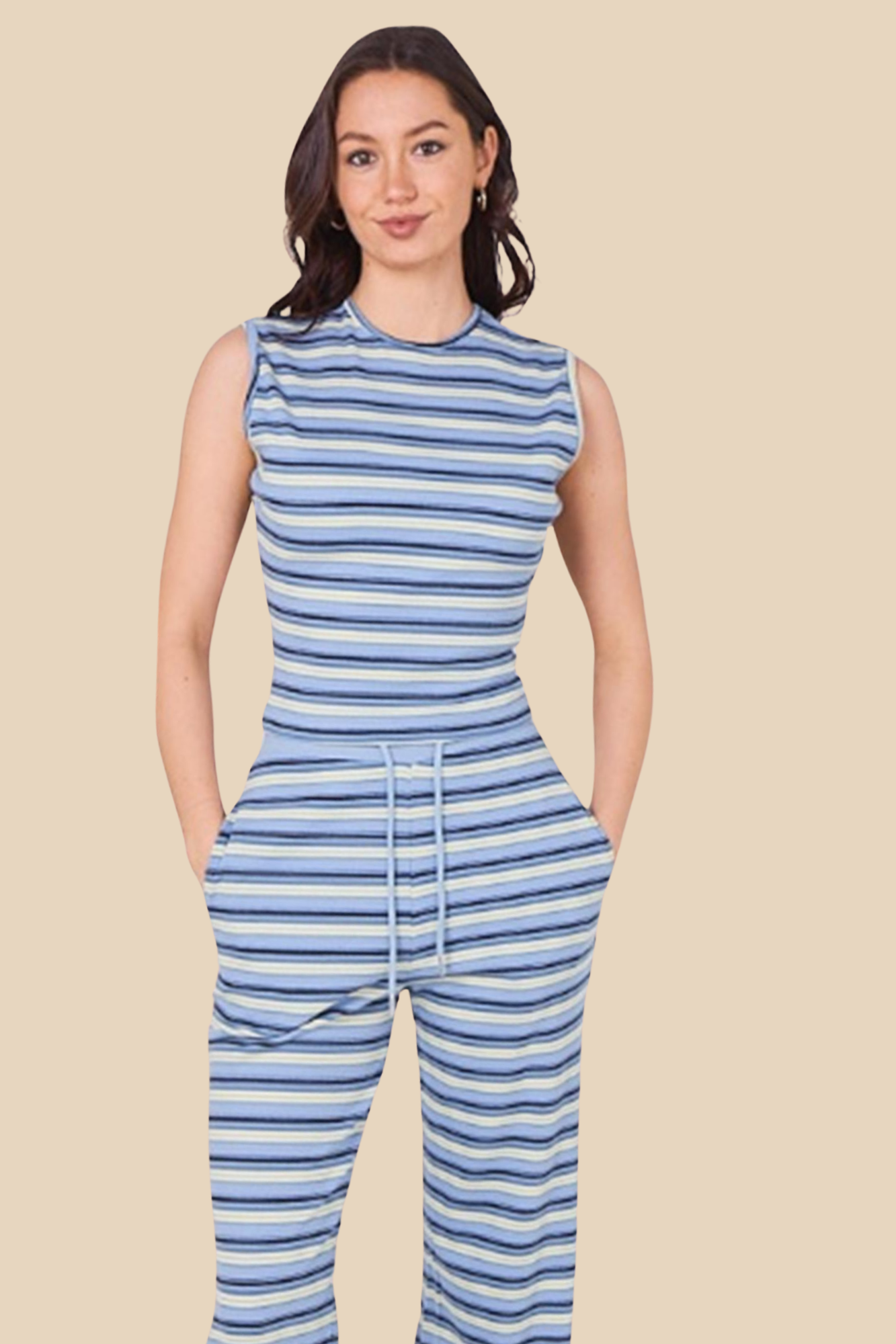 Rib Multi Stripe Sleeveless Cinch Top Trouser Set