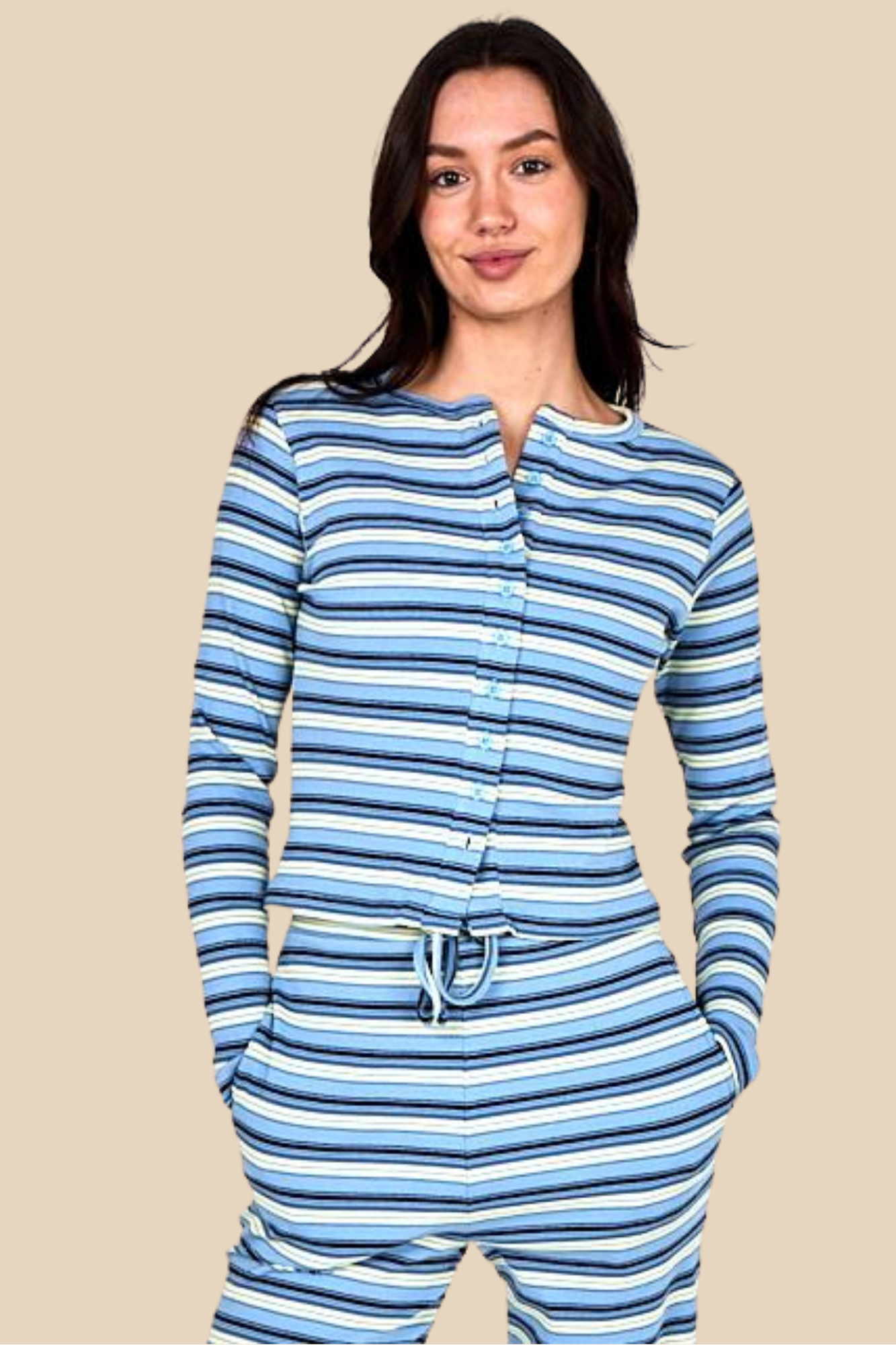 Fine Rib Stripe Button Detail Top with Wide Leg Trouser Set