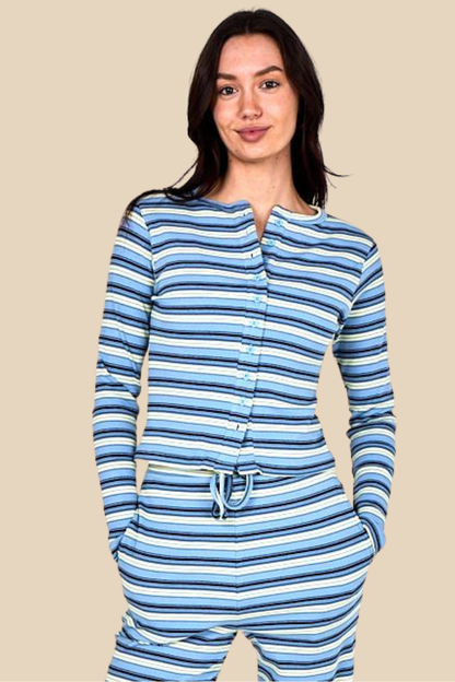 Fine Rib Stripe Button Detail Top with Wide Leg Trouser Set