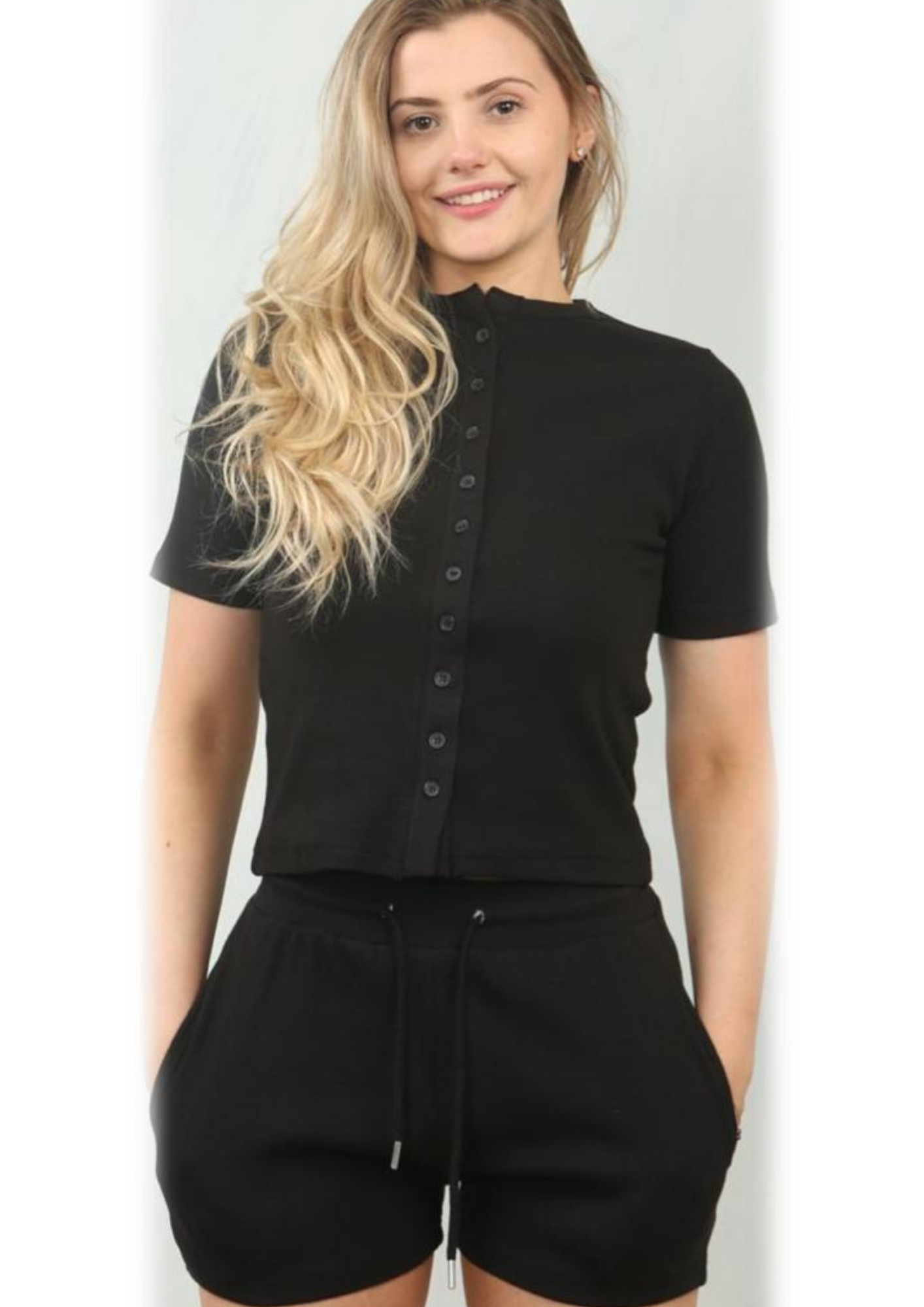 Soft Rib Button Details Shorts Set
