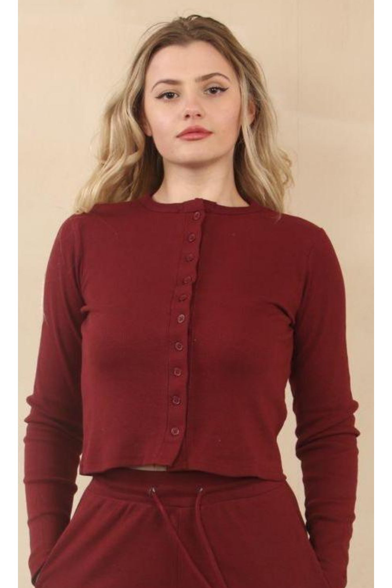 Fine Rib Button Detail Top with Wide Leg Trouser Set