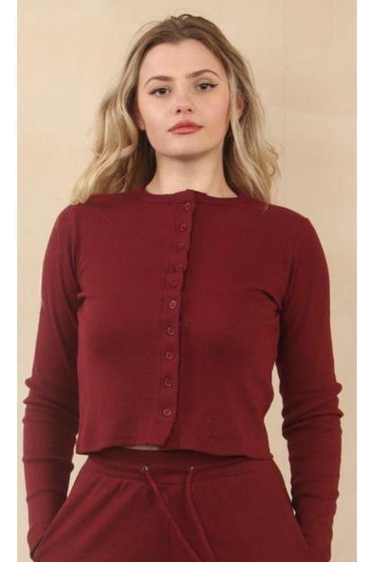 Fine Rib Button Detail Top with Wide Leg Trouser Set