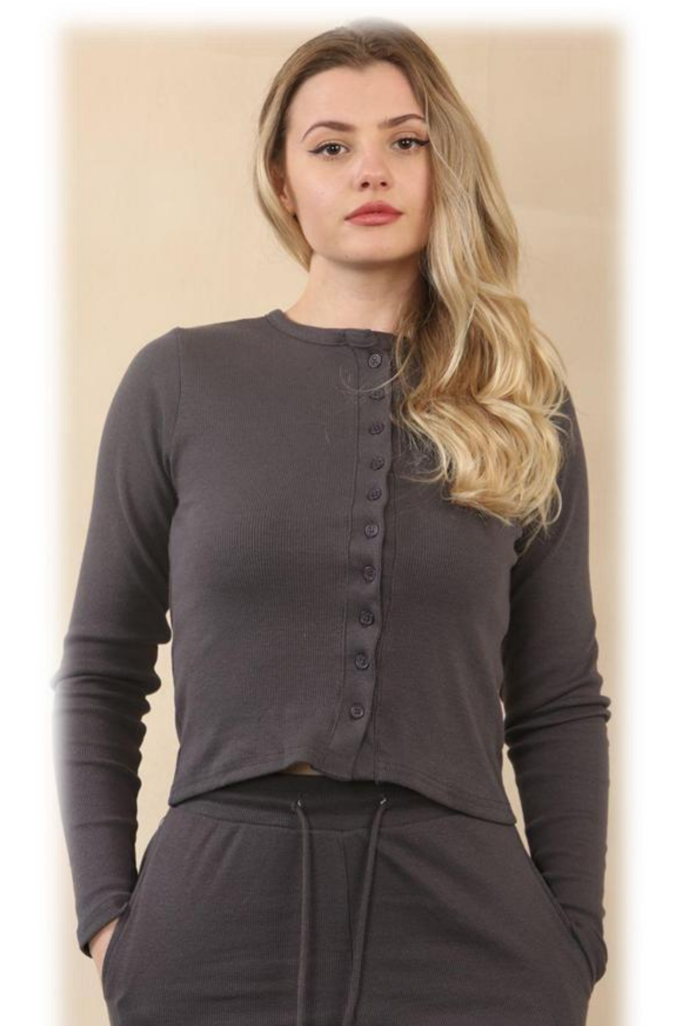 Fine Rib Button Detail Top with Wide Leg Trouser Set