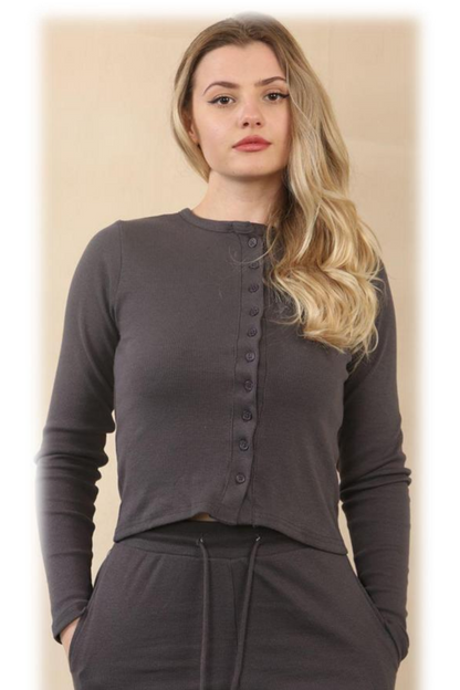 Fine Rib Button Detail Top with Wide Leg Trouser Set