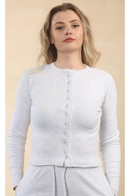 Fine Rib Button Detail Top with Wide Leg Trouser Set