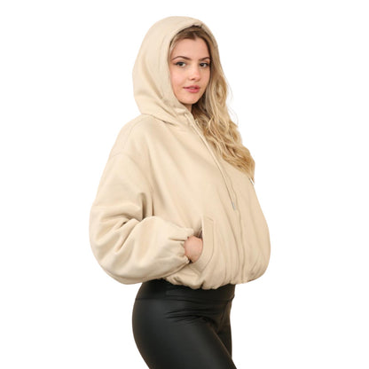 Oatmeal Bubble Hem Cropped Fleece Lined Jacket