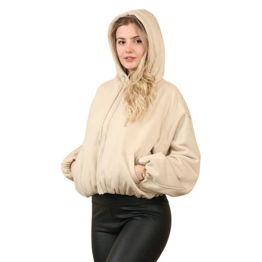 Oatmeal Bubble Hem Cropped Fleece Lined Jacket