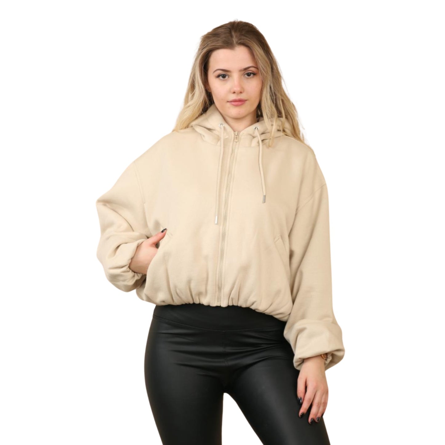 Oatmeal Bubble Hem Cropped Fleece Lined Jacket