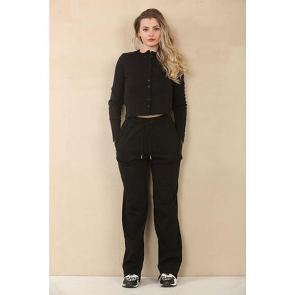 Fine Ribbed Button Up Long Sleeve Top & Wide Leg Trousers - Black