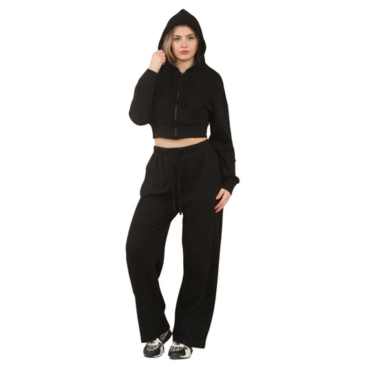 Soft Ribbed Zip Hoodie & Wide-Leg Trouser Co-ord - Black