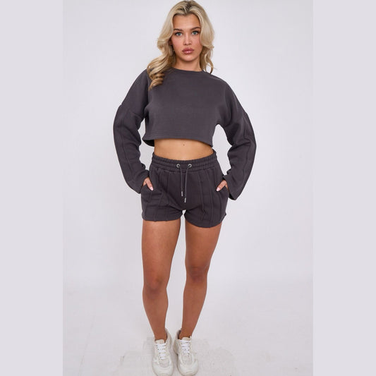 Crop Tracksuit Shorts & Seam Detail Crop Sweatshirt | Premium Loungewear - Slate Grey