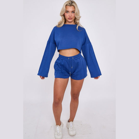 Crop Tracksuit Shorts & Seam Detail Crop Sweatshirt | Premium Loungewear - Blue