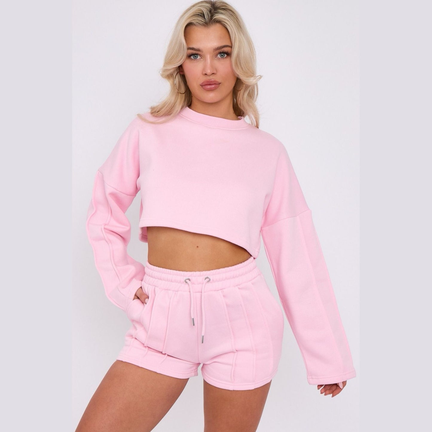 Crop Tracksuit Shorts & Seam Detail Crop Sweatshirt | Premium Loungewear - Baby Pink