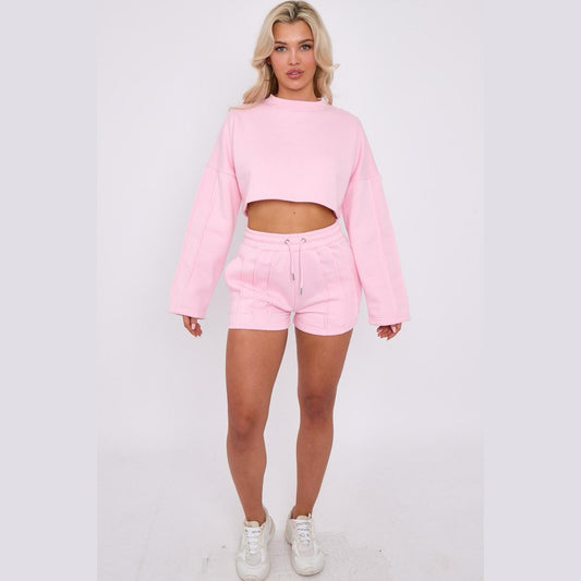 Crop Tracksuit Shorts & Seam Detail Crop Sweatshirt | Premium Loungewear - Baby Pink