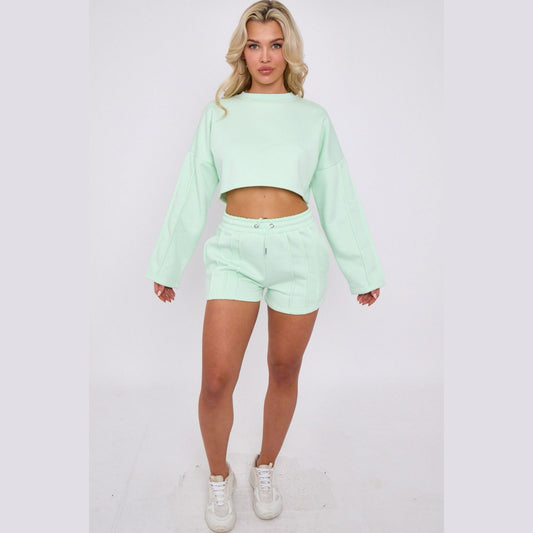 Crop Tracksuit Shorts & Seam Detail Crop Sweatshirt | Premium Loungewear - Mint