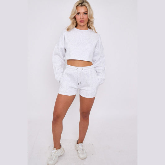 Crop Tracksuit Shorts & Seam Detail Crop Sweatshirt | Premium Loungewear - Bleach Grey
