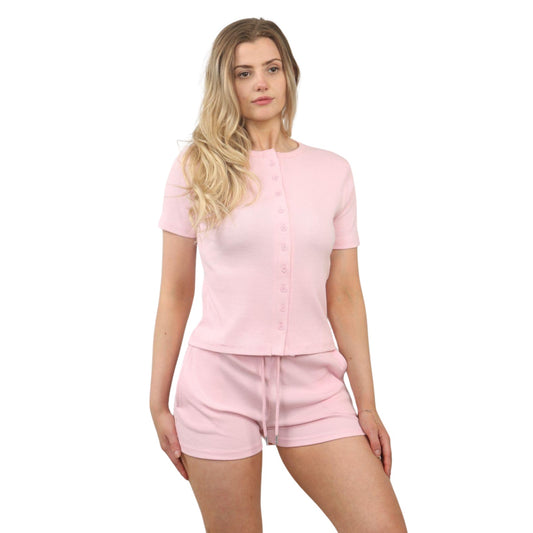 Ribbed Button Front Crop Top & Shorts Co-Ord Set - Baby pink