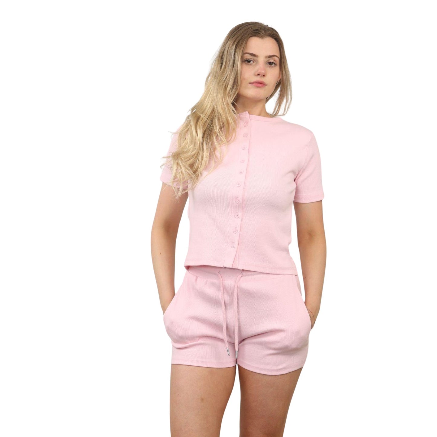 Ribbed Button Front Crop Top & Shorts Co-Ord Set - Baby pink