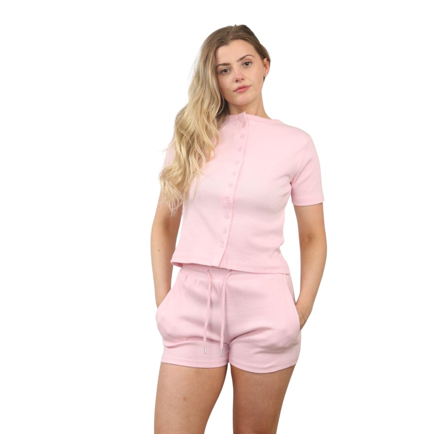 Ribbed Button Front Crop Top & Shorts Co-Ord Set - Baby pink
