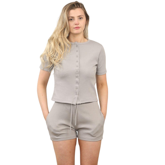 Ribbed Button Front Crop Top & Shorts Co-Ord Set - Dove Grey