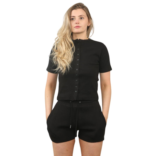 Ribbed Button Front Crop Top & Shorts Co-Ord Set - Black