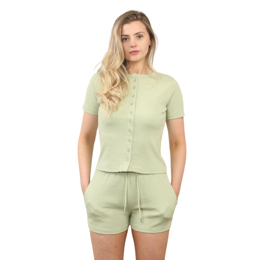 Ribbed Button Front Crop Top & Shorts Co-Ord Set - Sage Green