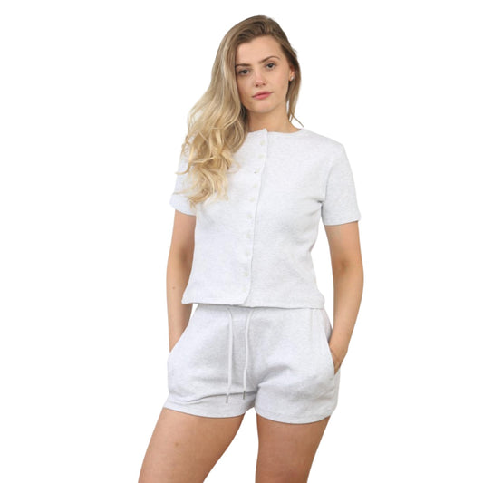 Ribbed Button Front Crop Top & Shorts Co-Ord Set - Bleach Grey
