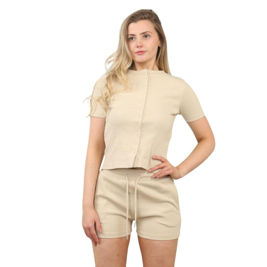 Ribbed Button Front Crop Top & Shorts Co-Ord Set - Oatmeal