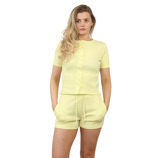 Ribbed Button Front Crop Top & Shorts Co-Ord Set - Lemon