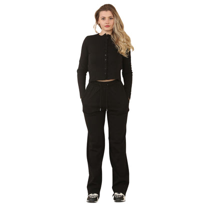 Fine Ribbed Button Up Long Sleeve Top & Wide Leg Trousers - Black