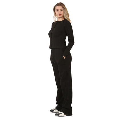 Fine Ribbed Button Up Long Sleeve Top & Wide Leg Trousers - Black