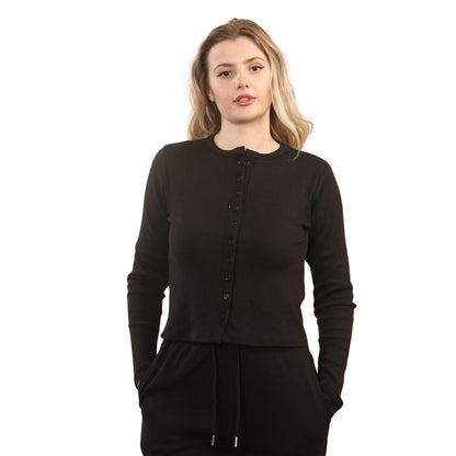 Fine Ribbed Button Up Long Sleeve Top & Wide Leg Trousers - Black