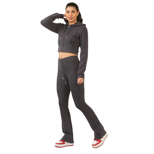 Cropped Zip Hoodie and High-Waisted Bell Bottom Trousers Lounge Set - Slate Grey