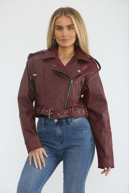 Cropped Biker Jacket with Belt