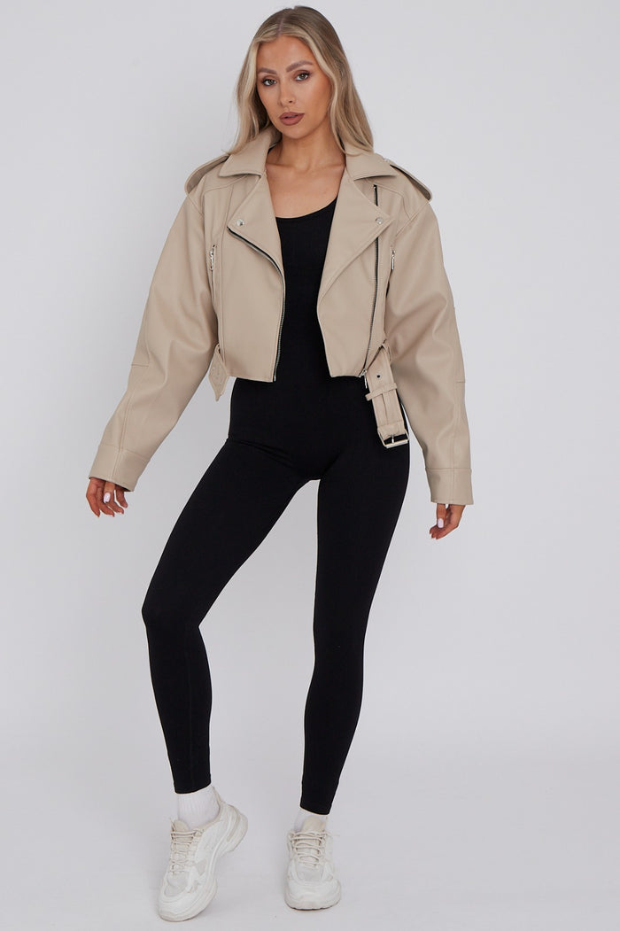 Cropped Biker Jacket with Belt